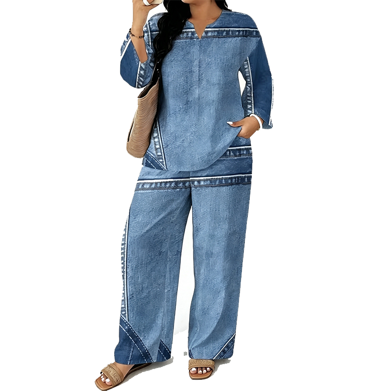 🎨 Denim Look, Lighter Feel | Women's Patchwork Wide-Leg 2-Piece Set ⚡ Free Shipping