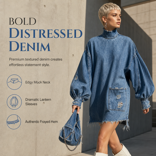 🖤Black Friday Sale:50% OFF🖤👖 Denim with Drama👗Women’s Frayed Mock-Neck Denim Mini Dress with Lantern Sleeves