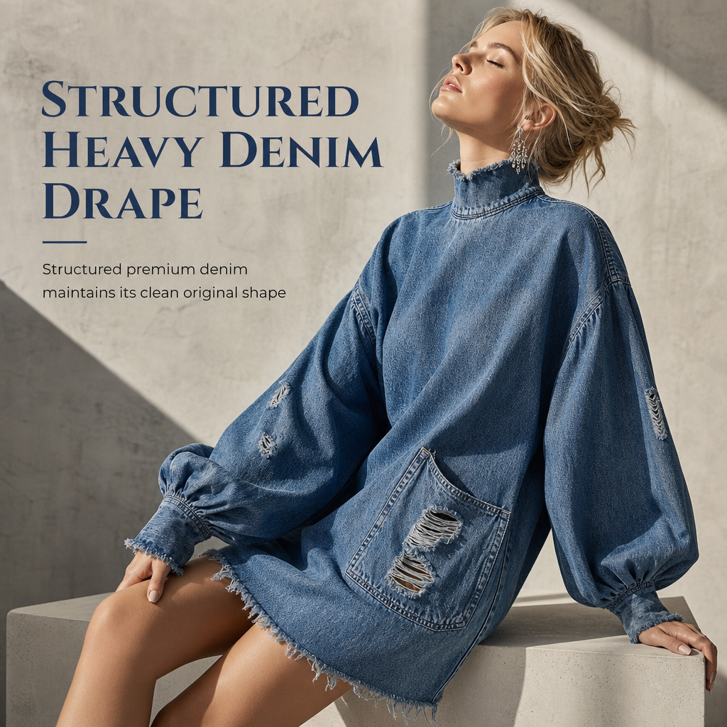 🖤Black Friday Sale:50% OFF🖤👖 Denim with Drama👗Women’s Frayed Mock-Neck Denim Mini Dress with Lantern Sleeves