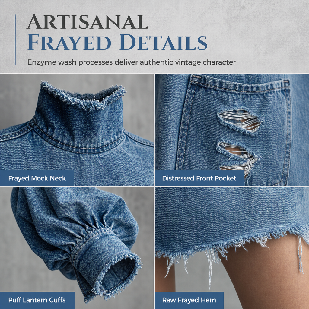 🖤Black Friday Sale:50% OFF🖤👖 Denim with Drama👗Women’s Frayed Mock-Neck Denim Mini Dress with Lantern Sleeves