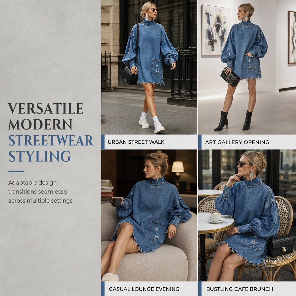 🖤Black Friday Sale:50% OFF🖤👖 Denim with Drama👗Women’s Frayed Mock-Neck Denim Mini Dress with Lantern Sleeves