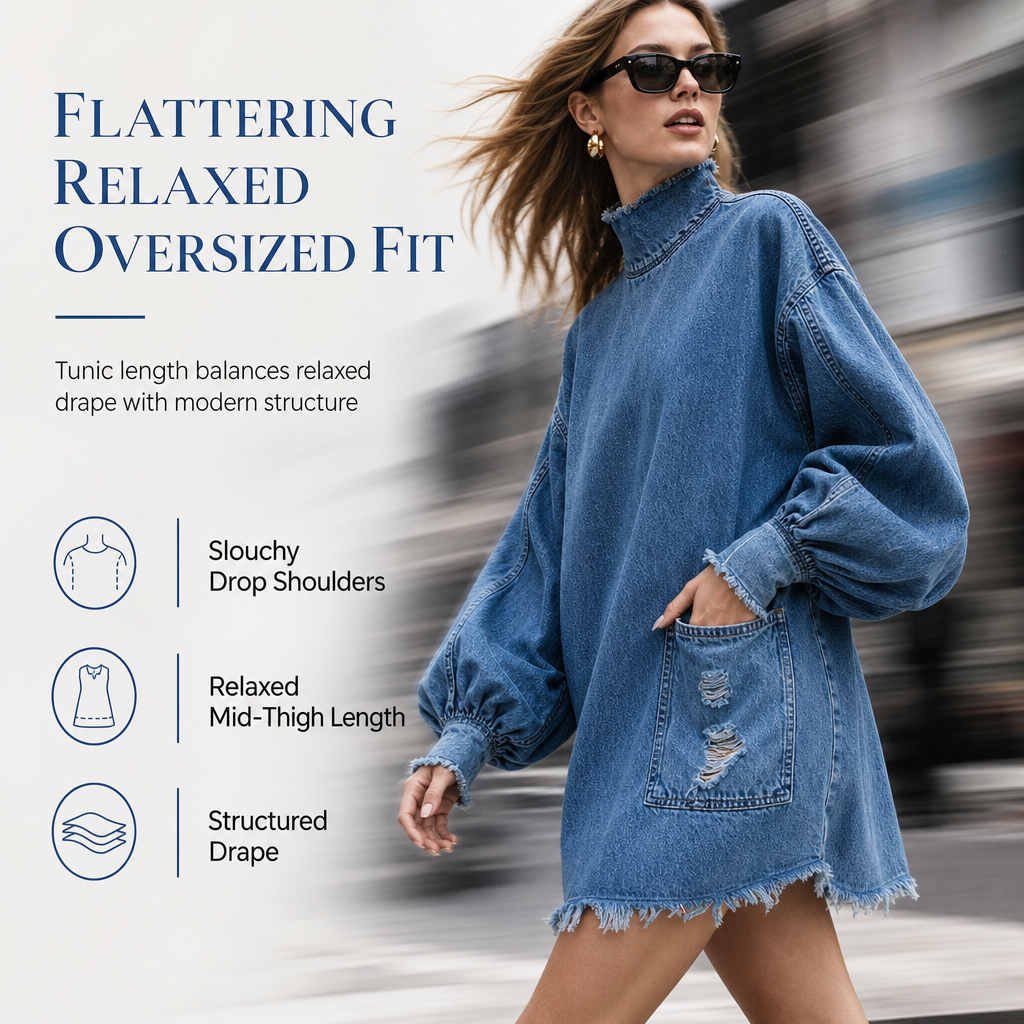 🖤Black Friday Sale:50% OFF🖤👖 Denim with Drama👗Women’s Frayed Mock-Neck Denim Mini Dress with Lantern Sleeves