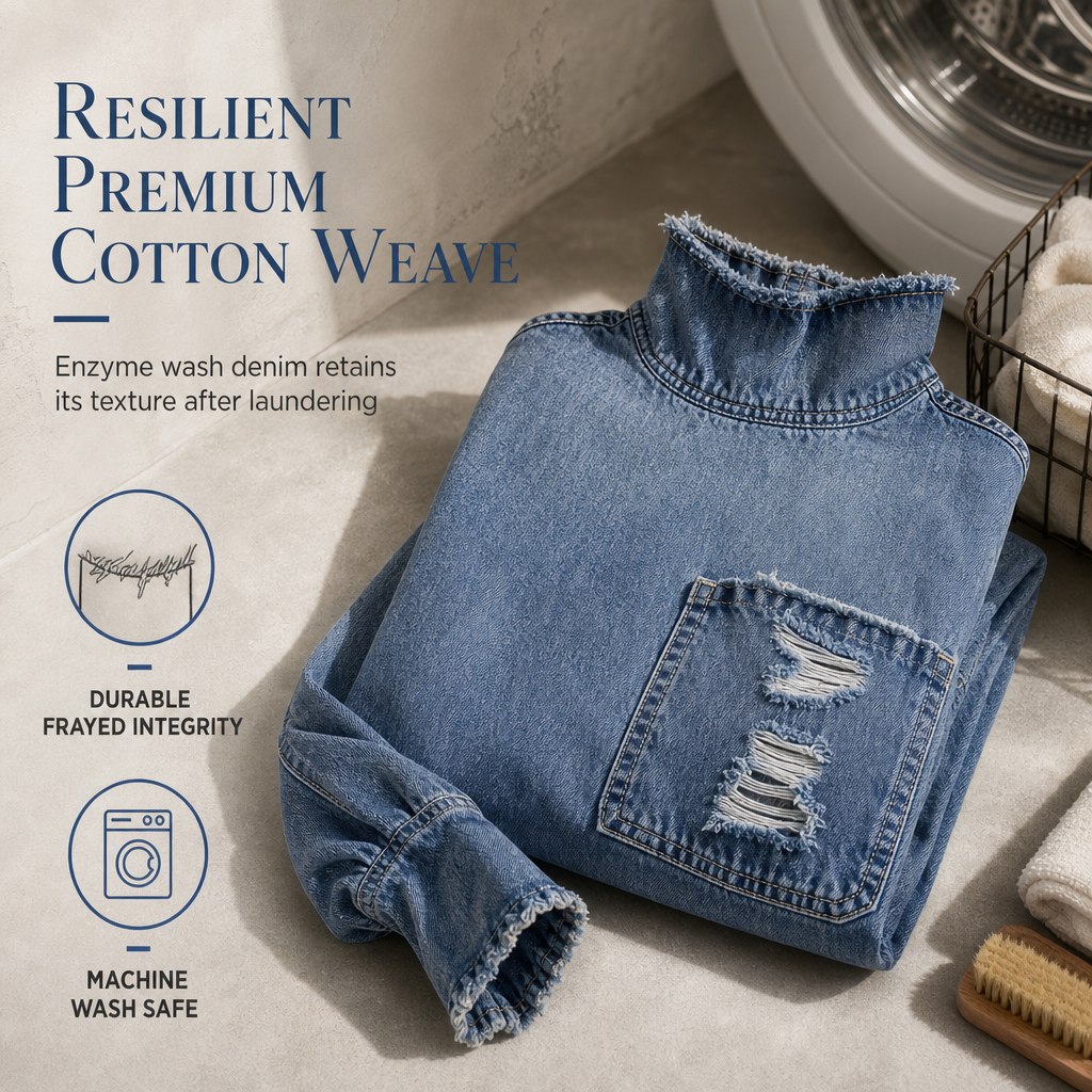 🖤Black Friday Sale:50% OFF🖤👖 Denim with Drama👗Women’s Frayed Mock-Neck Denim Mini Dress with Lantern Sleeves