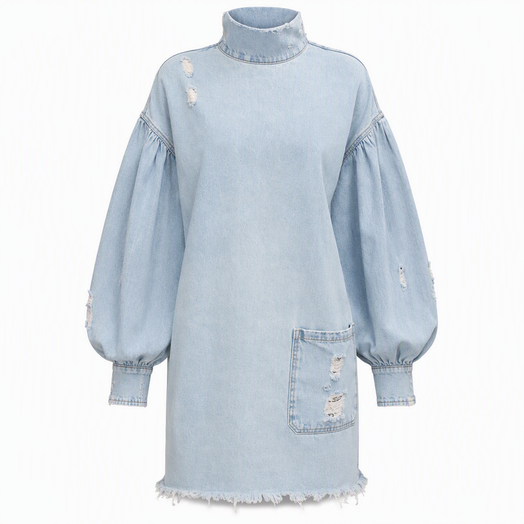🖤Black Friday Sale:50% OFF🖤👖 Denim with Drama👗Women’s Frayed Mock-Neck Denim Mini Dress with Lantern Sleeves