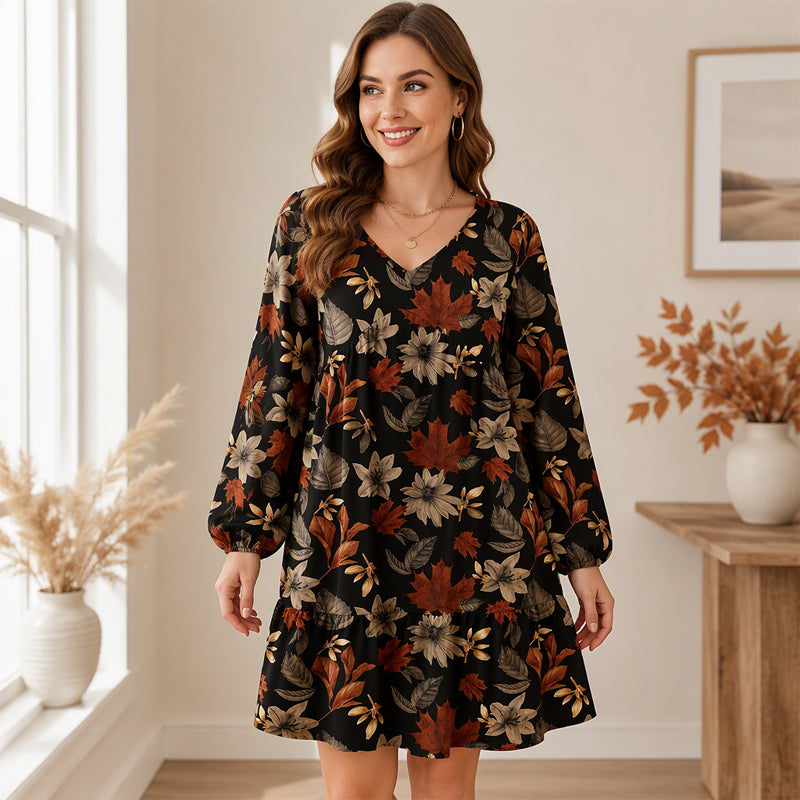 🍁 Women's Elegant Maple Leaf Print Dress – Chic Style & Flattering Fit ✨