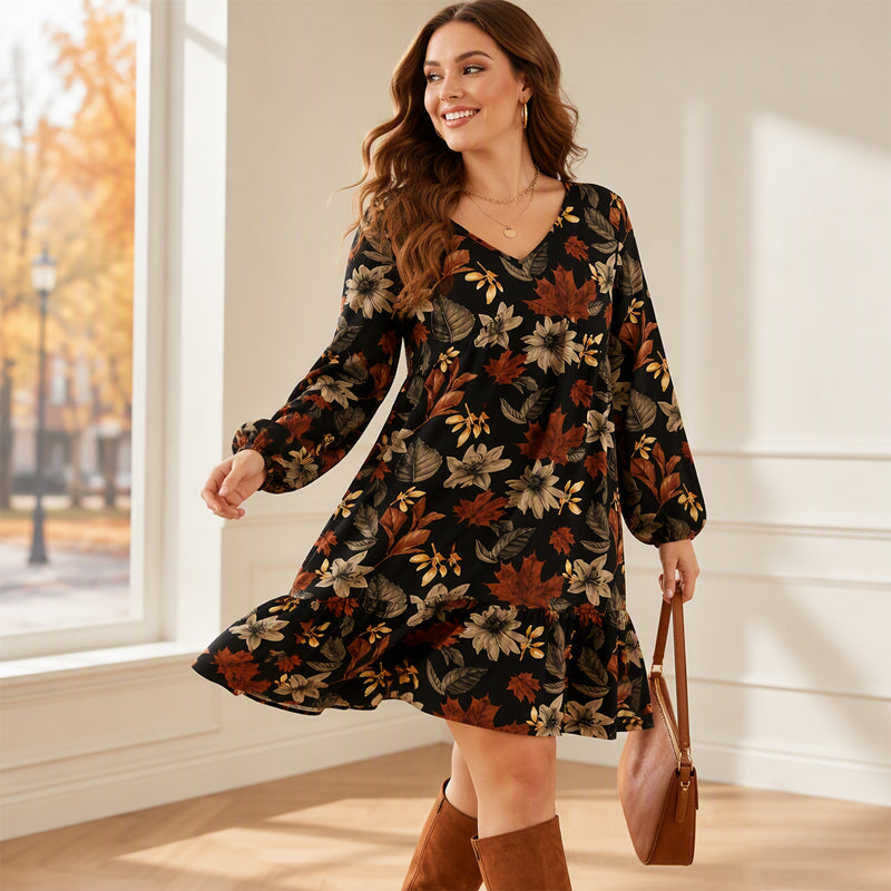 🍁 Women's Elegant Maple Leaf Print Dress – Chic Style & Flattering Fit ✨