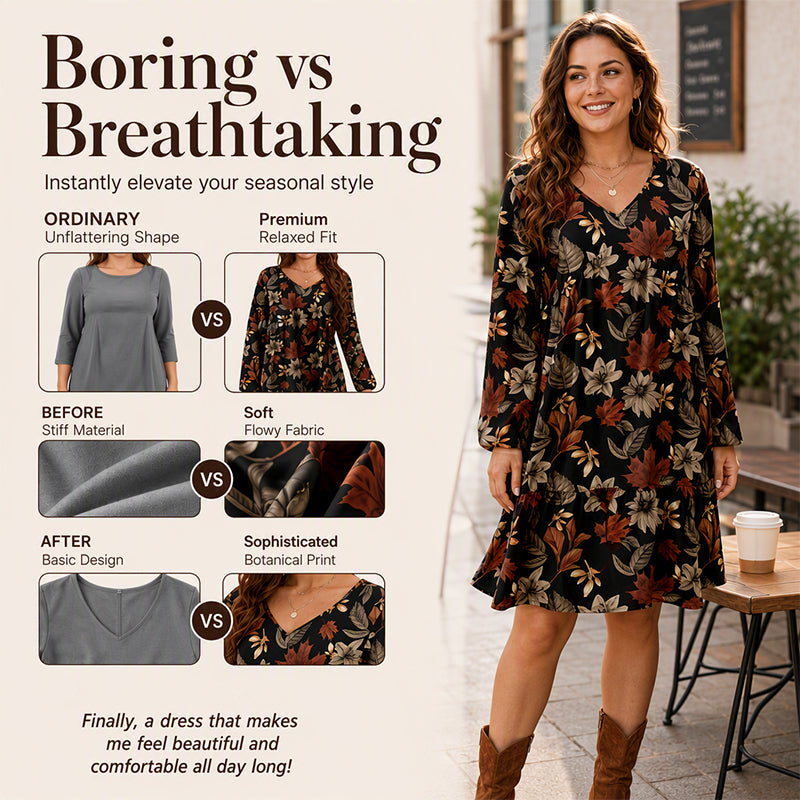 🍁 Women's Elegant Maple Leaf Print Dress – Chic Style & Flattering Fit ✨