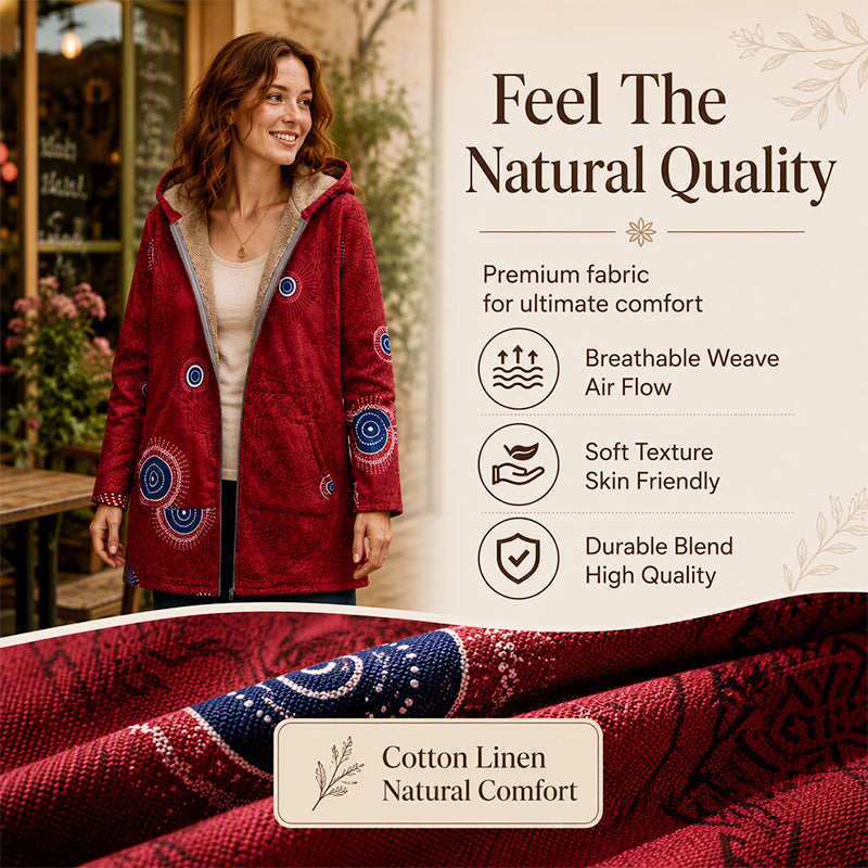 💖Black Friday Mega Deal – 50% off!💖🍂 Artistic Everyday Style | Women’s Vintage Leaf Print Hooded Coat