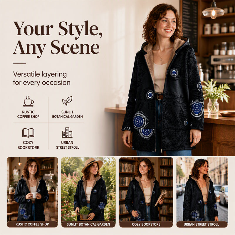 💖Black Friday Mega Deal – 50% off!💖🍂 Artistic Everyday Style | Women’s Vintage Leaf Print Hooded Coat