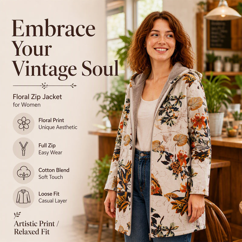 💖Black Friday Mega Deal – 50% off!💖🍂 Artistic Everyday Style | Women’s Vintage Leaf Print Hooded Coat
