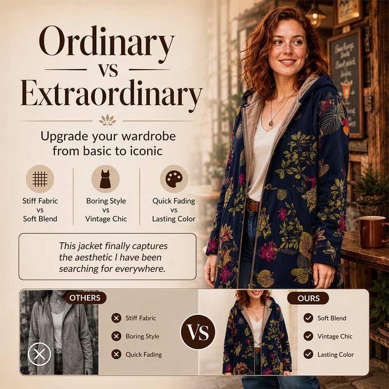 💖Black Friday Mega Deal – 50% off!💖🍂 Artistic Everyday Style | Women’s Vintage Leaf Print Hooded Coat