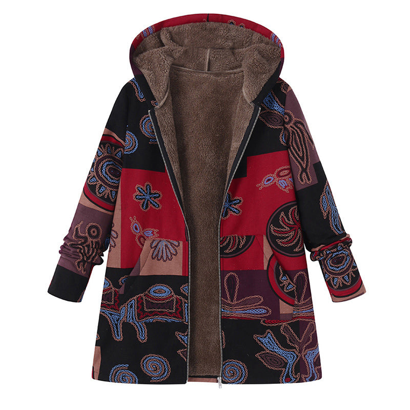 💖Black Friday Mega Deal – 50% off!💖🍂 Artistic Everyday Style | Women’s Vintage Leaf Print Hooded Coat