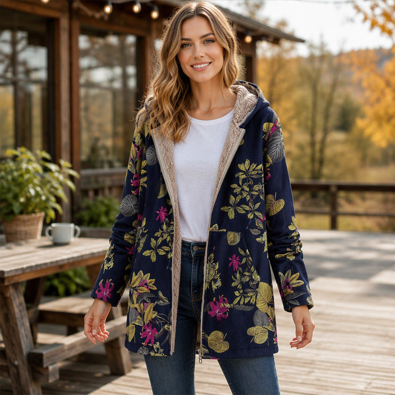 💖Black Friday Mega Deal – 50% off!💖🍂 Artistic Everyday Style | Women’s Vintage Leaf Print Hooded Coat