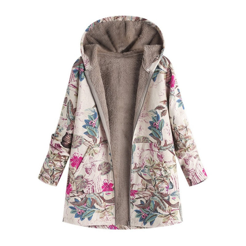 💖Black Friday Mega Deal – 50% off!💖🍂 Artistic Everyday Style | Women’s Vintage Leaf Print Hooded Coat