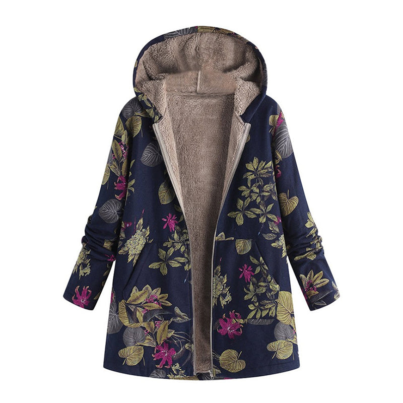 💖Black Friday Mega Deal – 50% off!💖🍂 Artistic Everyday Style | Women’s Vintage Leaf Print Hooded Coat