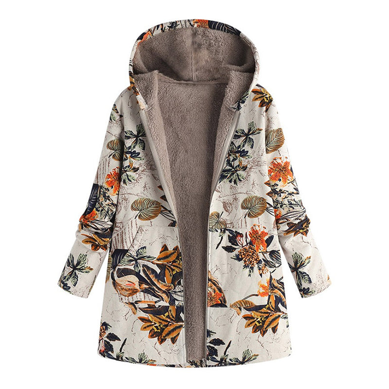 💖Black Friday Mega Deal – 50% off!💖🍂 Artistic Everyday Style | Women’s Vintage Leaf Print Hooded Coat