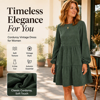 🍂 Vintage Corduroy Texture, Relaxed Flattering Fit | Women's Long-Sleeve Dress