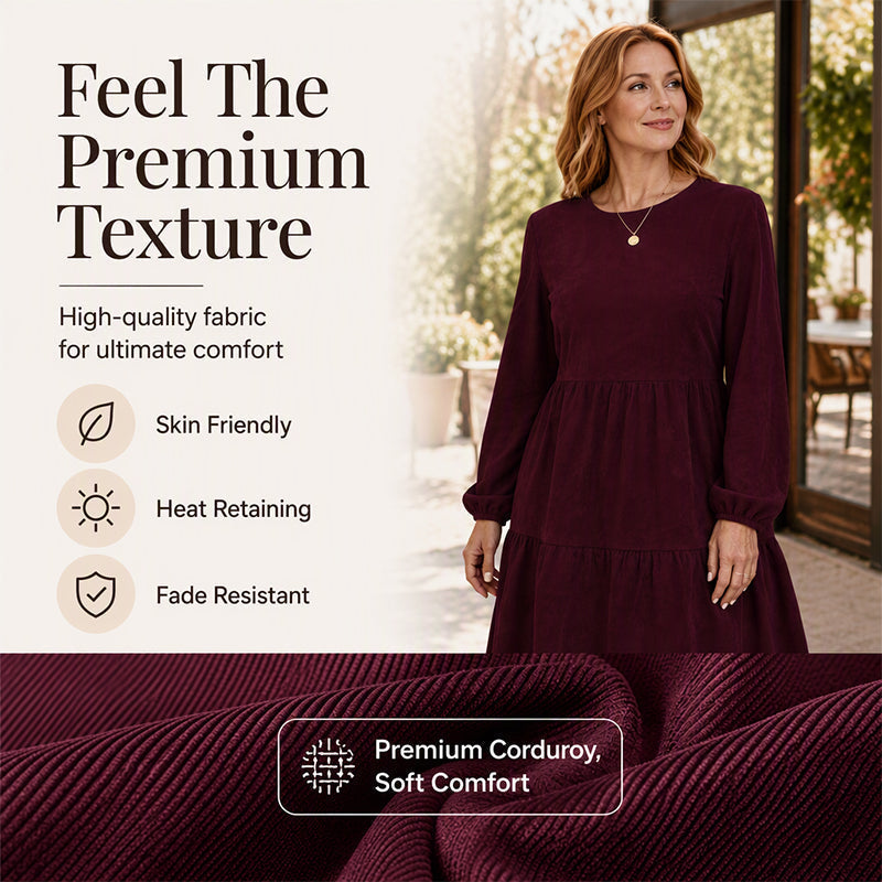 🍂 Vintage Corduroy Texture, Relaxed Flattering Fit | Women's Long-Sleeve Dress
