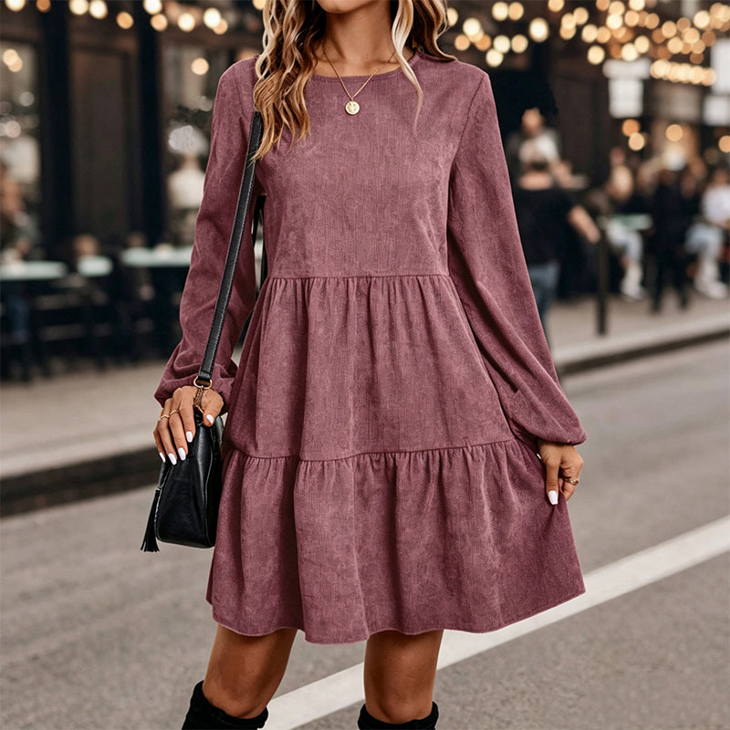 🍂 Vintage Corduroy Texture, Relaxed Flattering Fit | Women's Long-Sleeve Dress