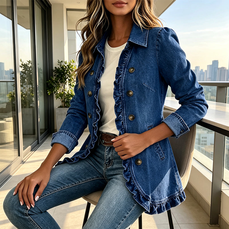 💙 Ruffle Detail, Relaxed Denim Style | Women's Button-Down Shacket