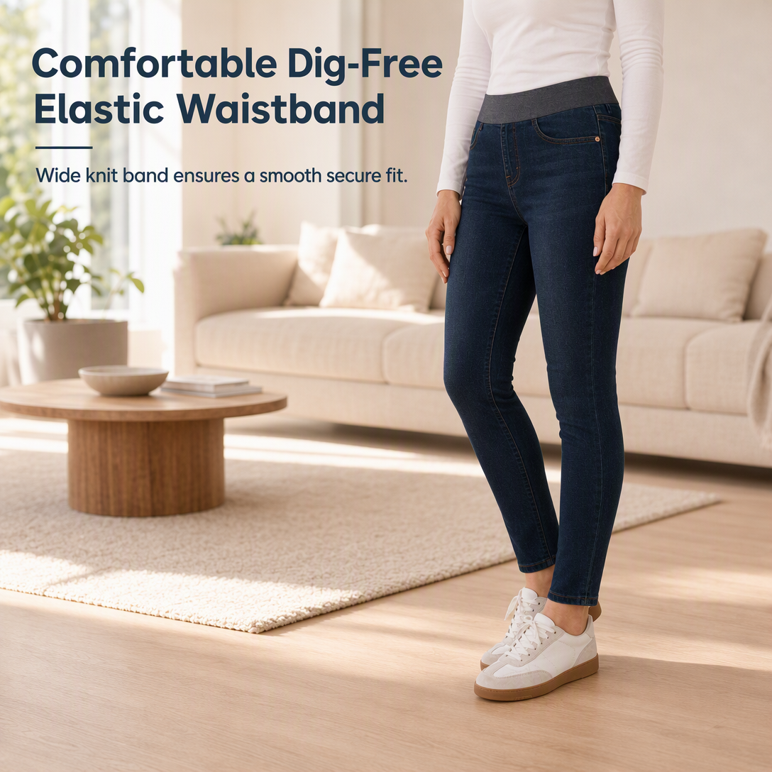 🖤Black Friday Sale:50% OFF🖤🤠Women's High-Rise Pull-On Slim Fit Dark Wash Denim Jeans with Wide Elastic Waistband