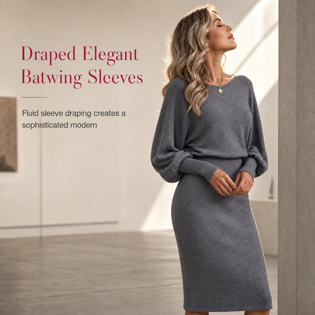 🖤Black Friday Sale:50% OFF🖤✨ Defined Waist, Elegant Batwing Drape | Women's Ribbed Knit Midi Dress