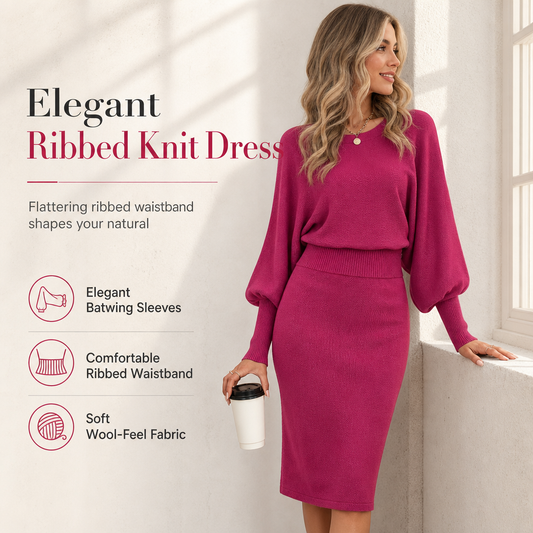 🖤Black Friday Sale:50% OFF🖤✨ Defined Waist, Elegant Batwing Drape | Women's Ribbed Knit Midi Dress