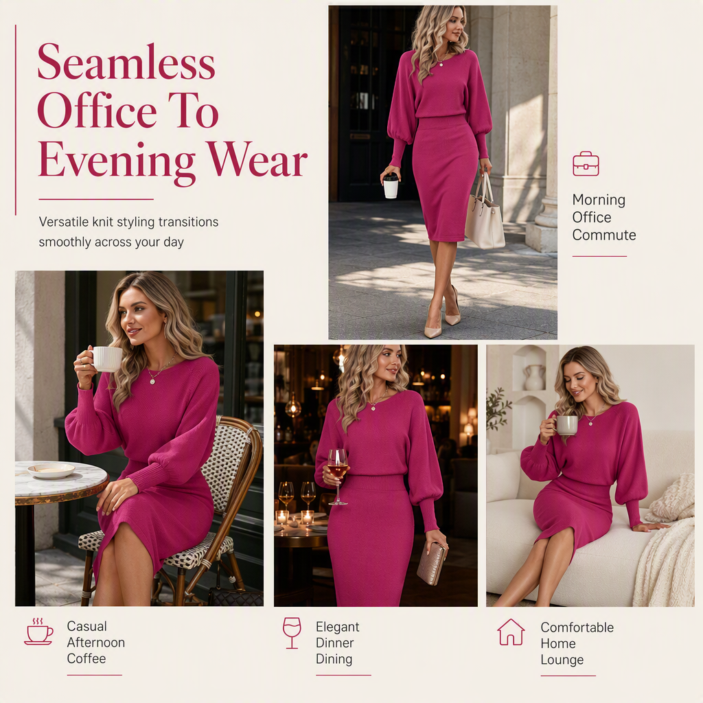 🖤Black Friday Sale:50% OFF🖤✨ Defined Waist, Elegant Batwing Drape | Women's Ribbed Knit Midi Dress
