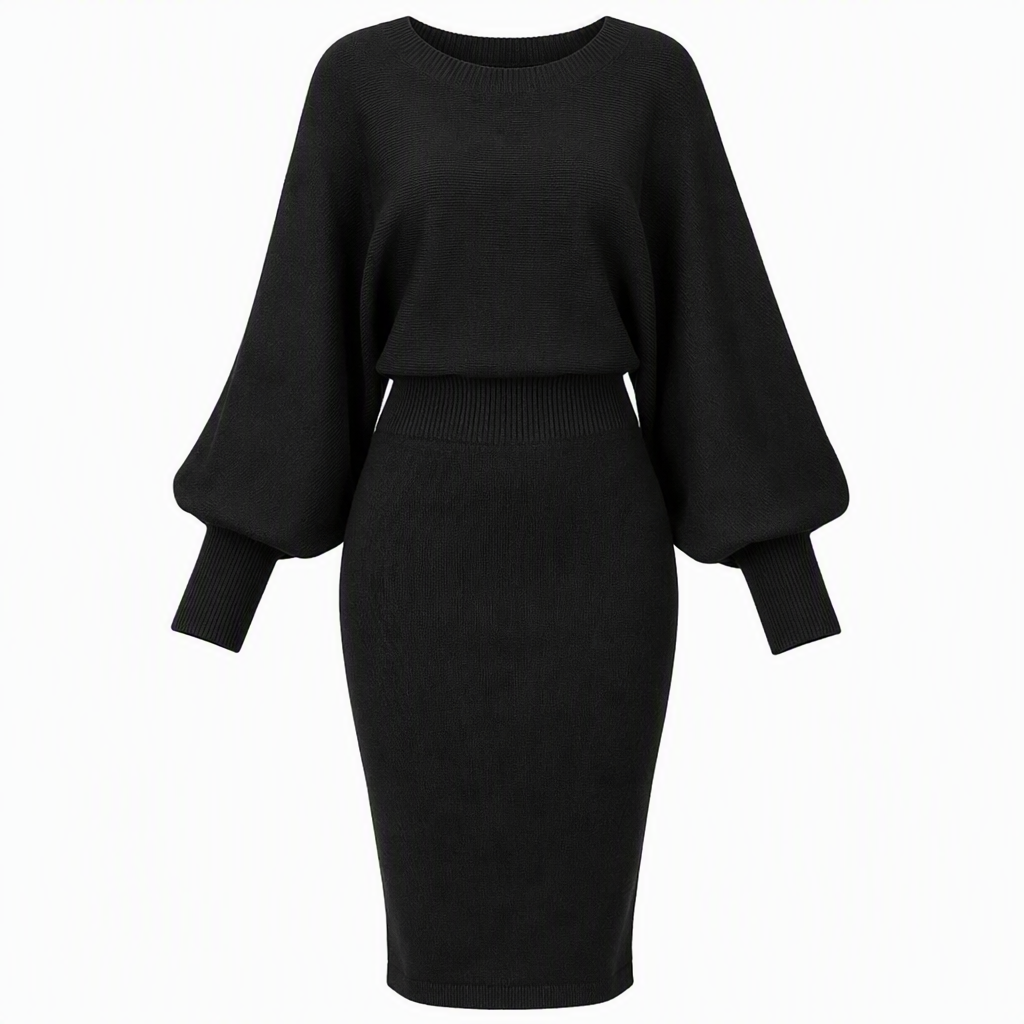 ✨ Draped Knit Elegance | Women’s Ribbed Midi Sweater Dress with Batwing Sleeves
