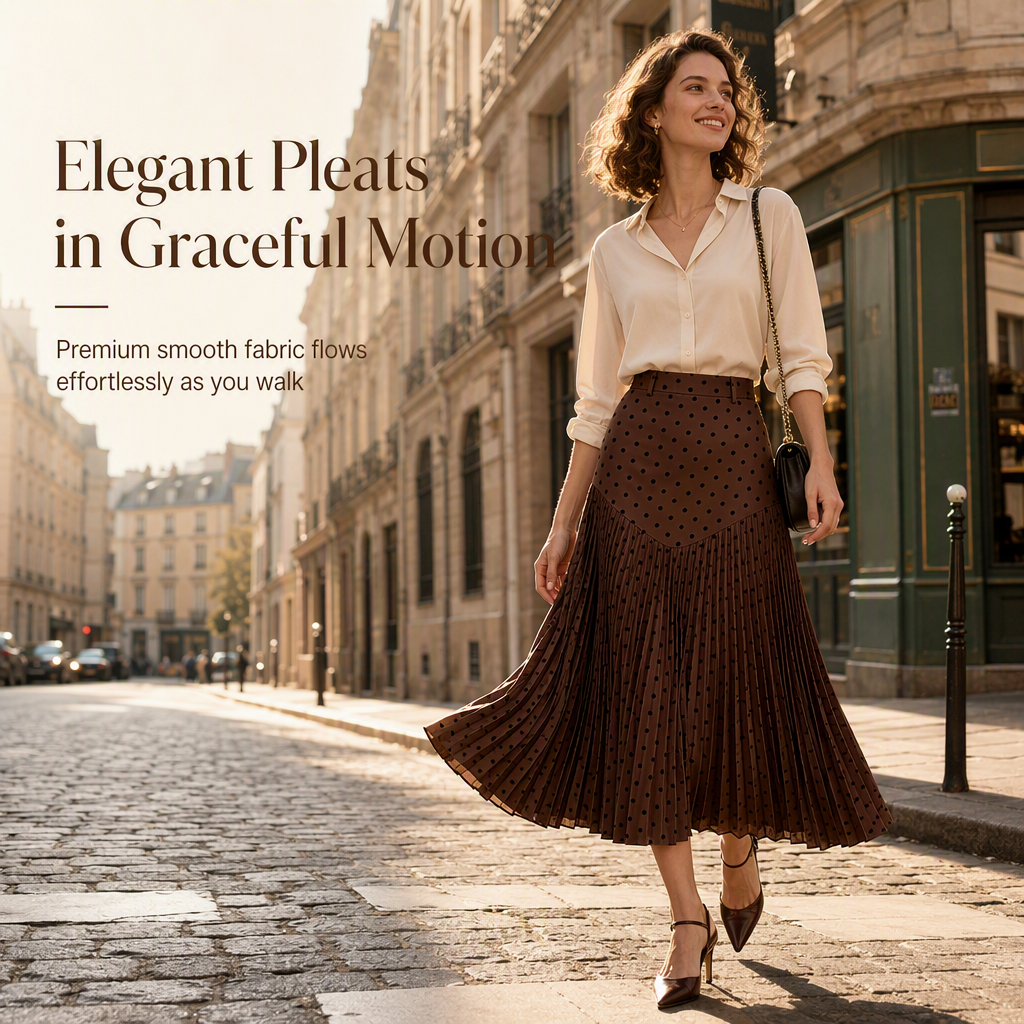 🎀 Polka Dots, Flattering Flow 💖 Women's High-Waist Pleated A-Line Skirt