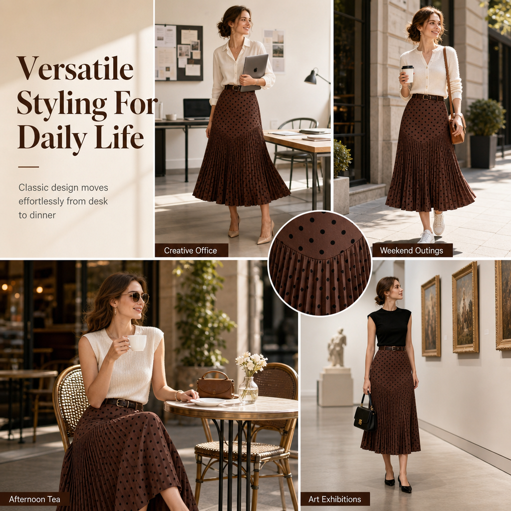 🎀 Polka Dots, Flattering Flow 💖 Women's High-Waist Pleated A-Line Skirt