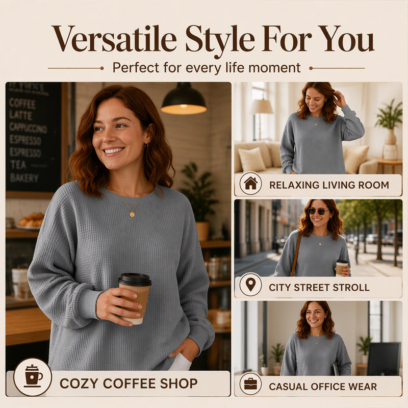 🧇 Textured Look, Relaxed Fit | Women's Waffle-Knit Loose-Fit Sweatshirt