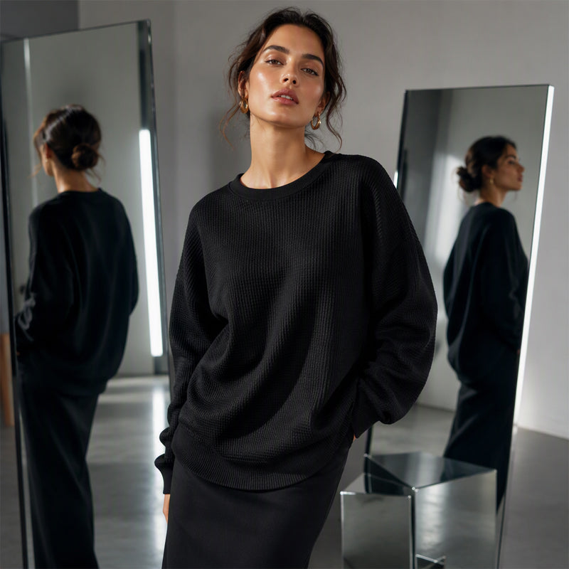 🧇 Textured Look, Relaxed Fit | Women's Waffle-Knit Loose-Fit Sweatshirt