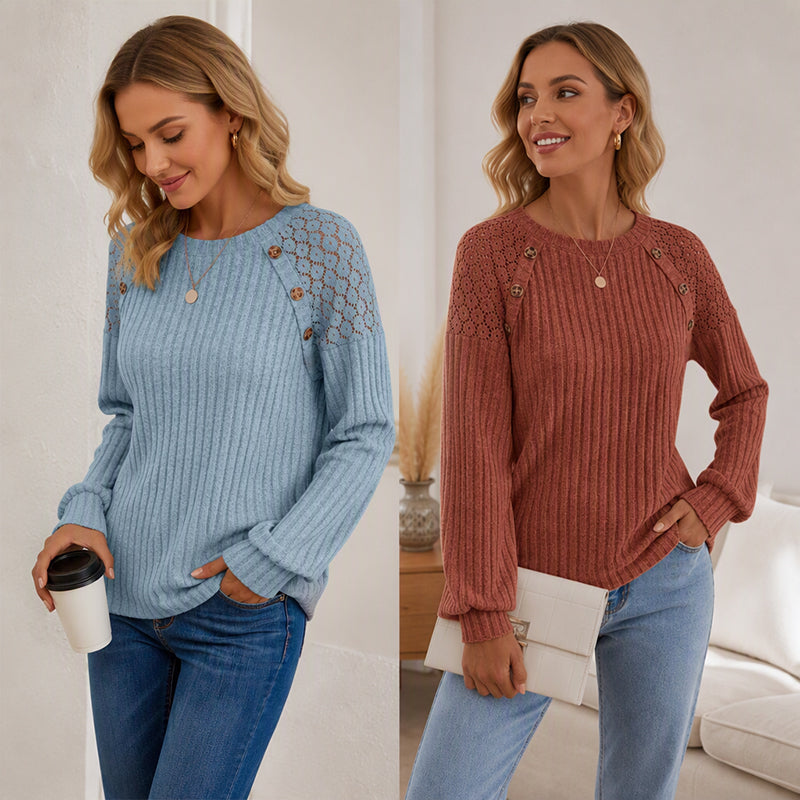🖤Black Friday Sale:50% OFF🖤 🌸 Lace Detail, Easy Elegance | Women's Ribbed Knit Patchwork Long-Sleeve Top