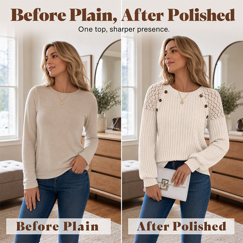 🖤Black Friday Sale:50% OFF🖤 🌸 Lace Detail, Easy Elegance | Women's Ribbed Knit Patchwork Long-Sleeve Top