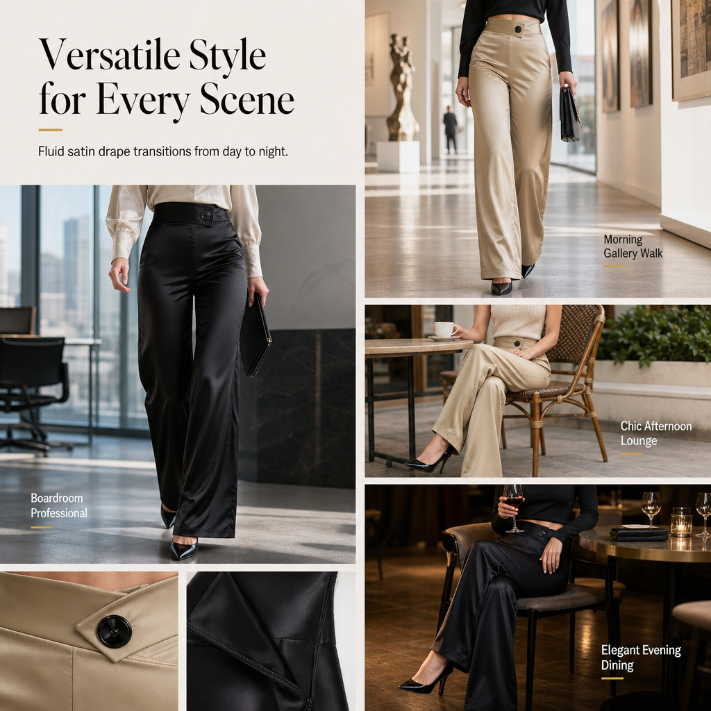 ✨ Asymmetrical Waist, Elegant Drape | Women's Satin Wide-Leg Pants