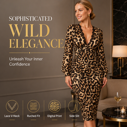 🖤Black Friday Sale:50% OFF🖤 🐆 Lace V-Neck, Curve-Flattering Ruched Fit | Women's Leopard Midi Dress
