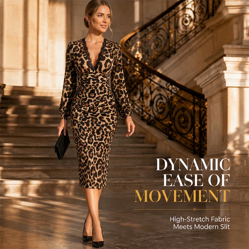 🖤Black Friday Sale:50% OFF🖤 🐆 Lace V-Neck, Curve-Flattering Ruched Fit | Women's Leopard Midi Dress