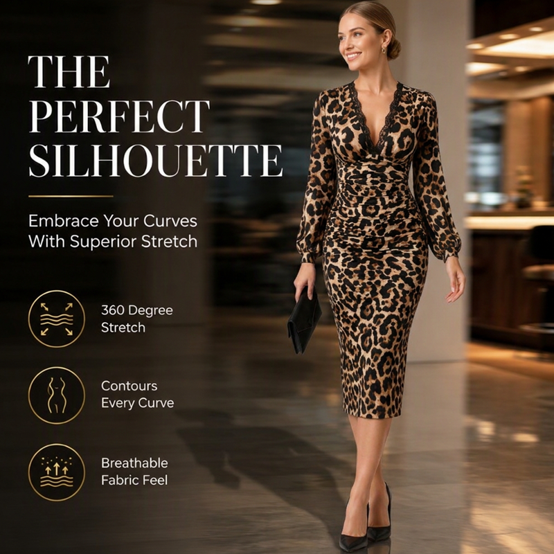 🖤Black Friday Sale:50% OFF🖤 🐆 Lace V-Neck, Curve-Flattering Ruched Fit | Women's Leopard Midi Dress