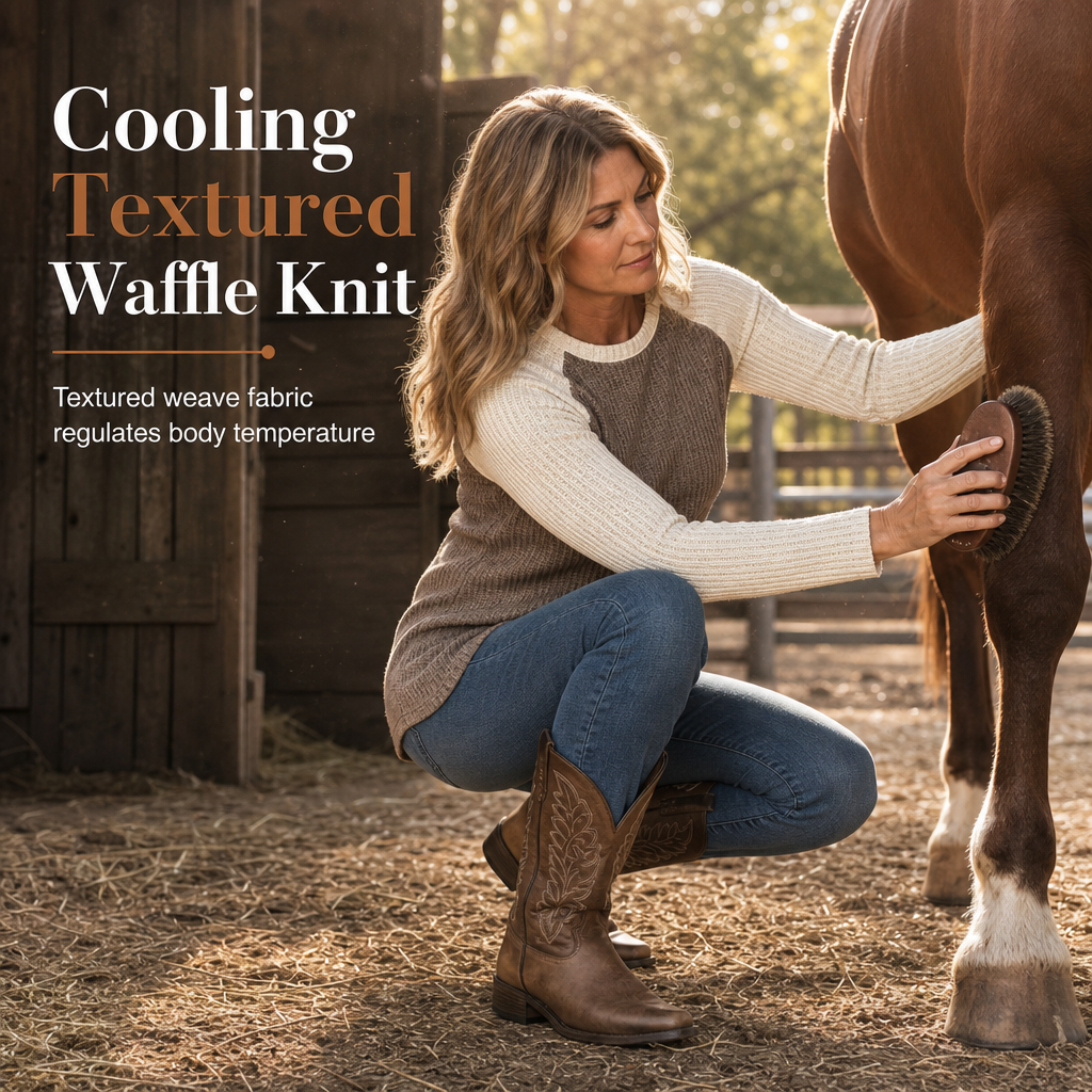 🍁Women's Western Ranch Style Raglan Long Sleeve Knit Top with Textured Waffle Fabric and Curved Hem