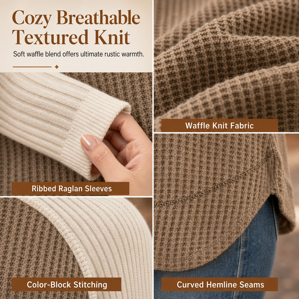 🍁Women's Western Ranch Style Raglan Long Sleeve Knit Top with Textured Waffle Fabric and Curved Hem