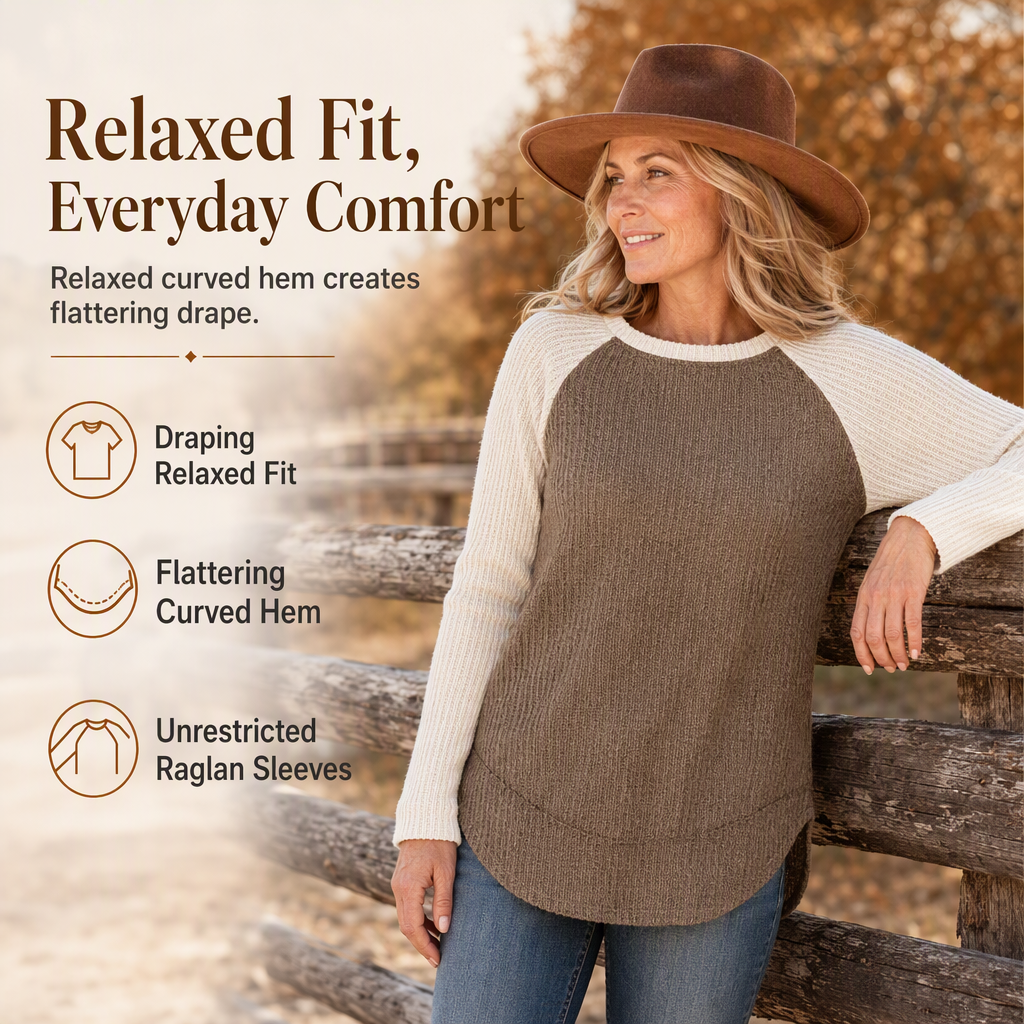 🍁Women's Western Ranch Style Raglan Long Sleeve Knit Top with Textured Waffle Fabric and Curved Hem