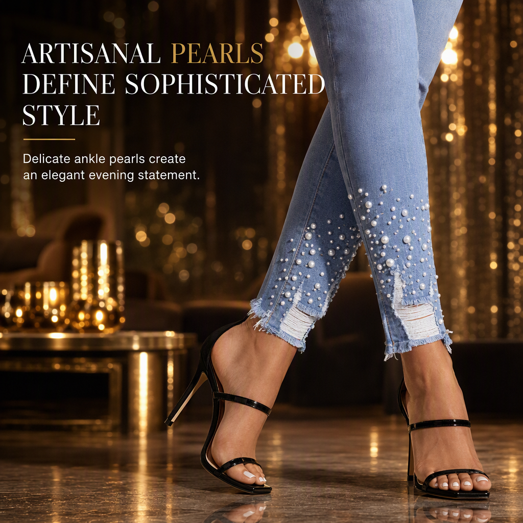 💎Women's Light Blue Pearl Embellished Slim Fit Skinny Jeans with Raw Frayed Waist