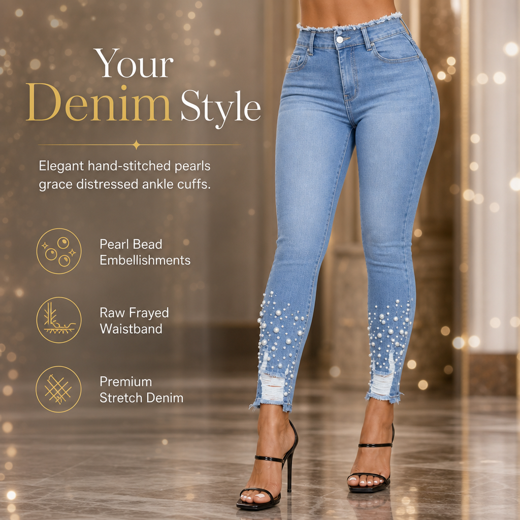 💎Women's Light Blue Pearl Embellished Slim Fit Skinny Jeans with Raw Frayed Waist