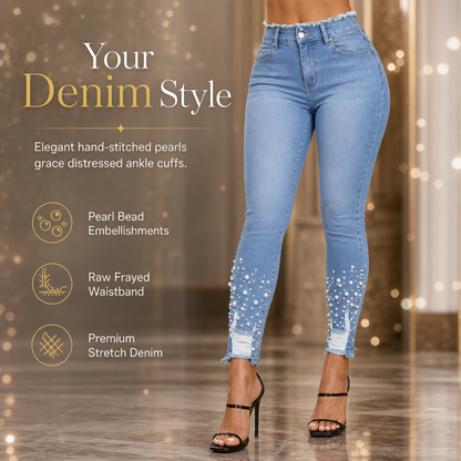 💎Women's Light Blue Pearl Embellished Slim Fit Skinny Jeans with Raw Frayed Waist