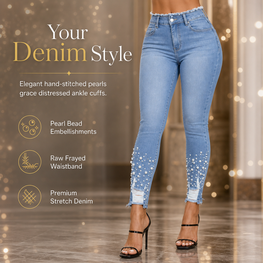 💎Women's Light Blue Pearl Embellished Slim Fit Skinny Jeans with Raw Frayed Waist