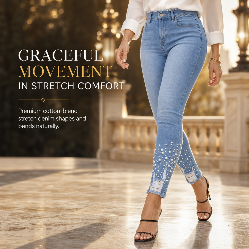 💎Women's Light Blue Pearl Embellished Slim Fit Skinny Jeans with Raw Frayed Waist