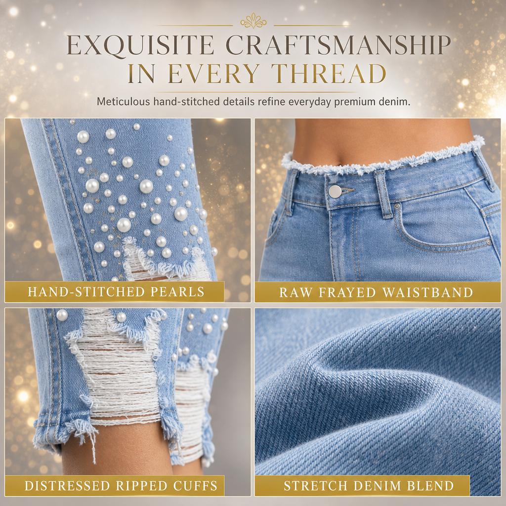 💎Women's Light Blue Pearl Embellished Slim Fit Skinny Jeans with Raw Frayed Waist