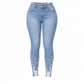 💎Women's Light Blue Pearl Embellished Slim Fit Skinny Jeans with Raw Frayed Waist