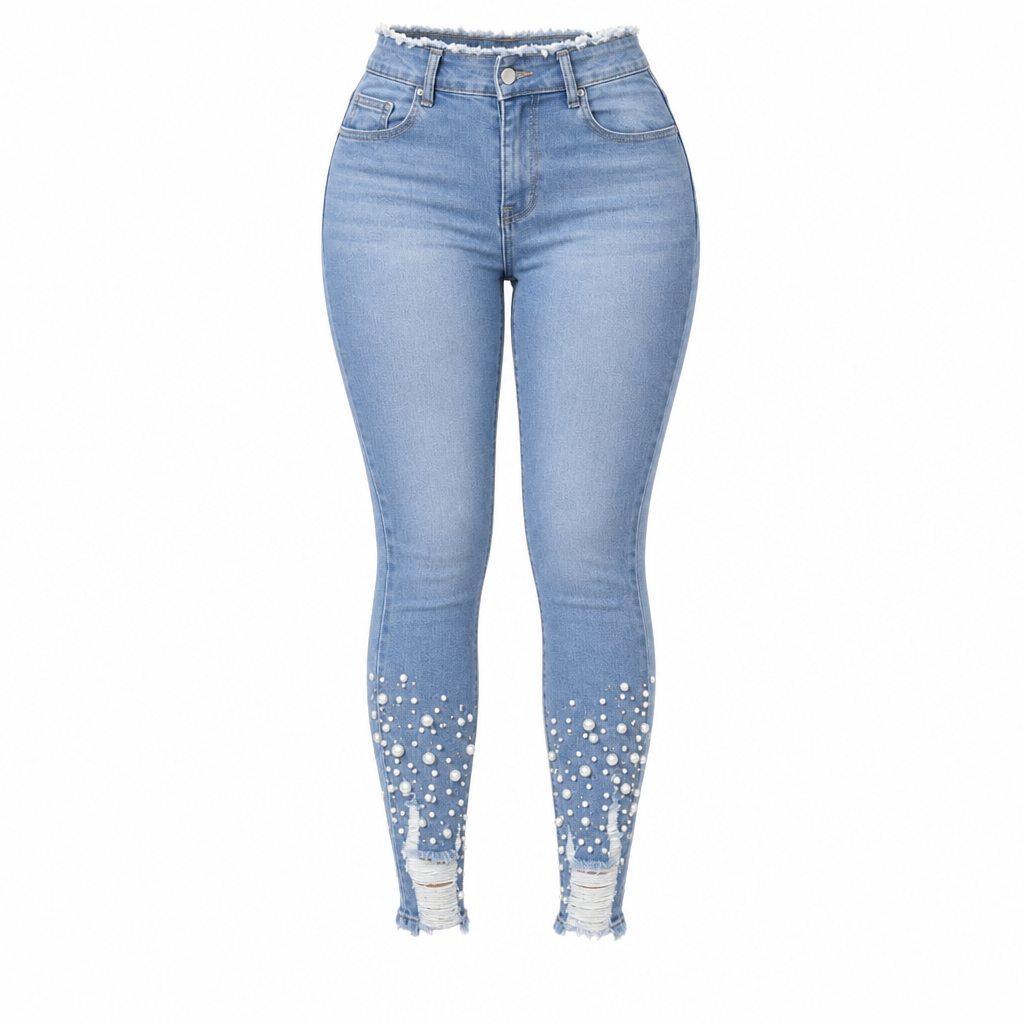💎Women's Light Blue Pearl Embellished Slim Fit Skinny Jeans with Raw Frayed Waist